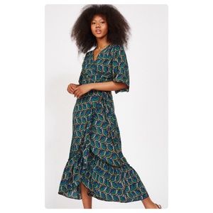 Silk & Salt Journey Maxi Wrap Dress In African Peacock Print Green Size L